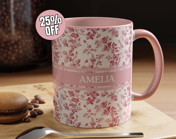 Personalized Name Mug – Elegant Vintage Floral Design, Custom Floral Name Mug, Bestie Name Gift Coffee Mug, Pink Floral Vintage Mug