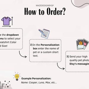 May include: An illustrated guide titled "How to Order?" shows the steps to order a custom sweatshirt. Instructions include selecting color and size, entering personalization details, and sending a pet photo via Etsy messaging. Example personalization includes names like Cooper, Luna, and Max.