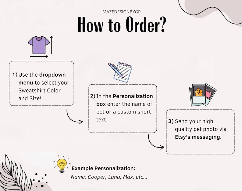 May include: An illustrated guide titled "How to Order?" shows the steps to order a custom sweatshirt. Instructions include selecting color and size, entering personalization details, and sending a pet photo via Etsy messaging. Example personalization includes names like Cooper, Luna, and Max.