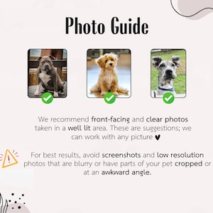 May include: A graphic titled "Photo Guide" with three dog photos. The text recommends front-facing, clear photos in a well-lit area. It advises against screenshots and low-resolution photos that are blurry or cropped.