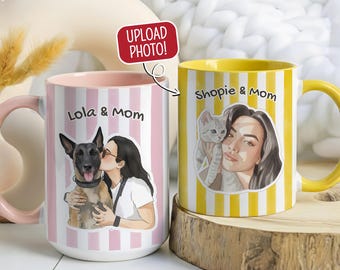 Custom Dog Mom Portrait Mug: Personalized Dog or Cat Portrait from Photo, Mothers Day Gift for Pet Mom