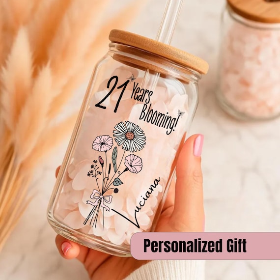 21 Years Old Gift Iced Coffee Cup 21st Birthday Glass Turning 21 Gift With Birthflower Glass Tumbler Twenty First Birthday Glass With Flower