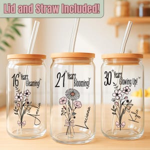 21 Years Old Gift Iced Coffee Cup 21st Birthday Glass Turning 21 Gift With Birthflower Glass Tumbler Twenty First Birthday Glass With Flower image 3