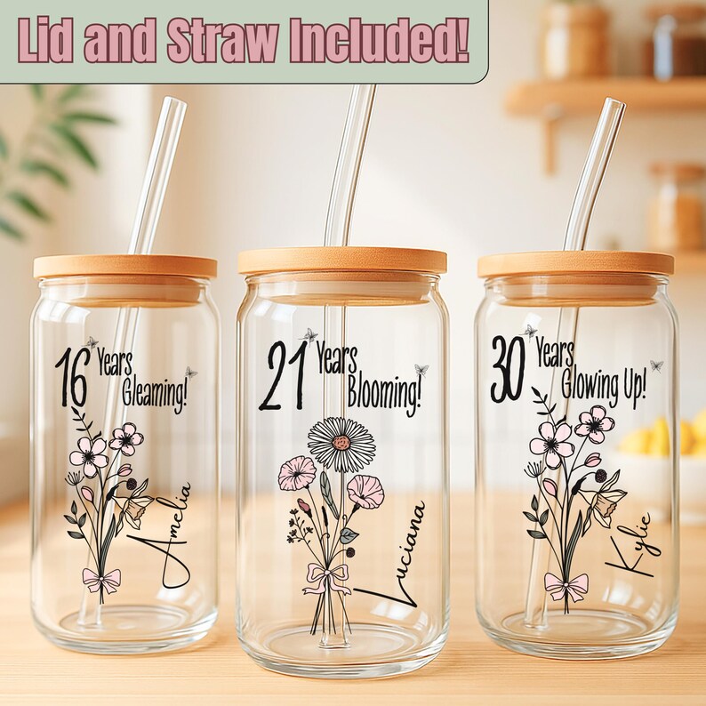 21 Years Old Gift Iced Coffee Cup 21st Birthday Glass Turning 21 Gift With Birthflower Glass Tumbler Twenty First Birthday Glass With Flower image 3