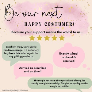 May include: A promotional graphic with the text "Be our next HAPPY COSTUMER!" on a pink and gold background. Customer reviews are displayed in speech bubbles, praising the product's quality and service. The Etsy shop's URL is at the bottom.