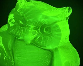 Nocturnal (Owl) Figurine From (Uranium Glass) | Yellow Vaseline Glass Statue | Forest Wildlife Night Bird Animal | It Glows Under UV Light