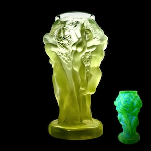 Small Grape Harvest (Uranium Glass) Vase 1930s | Bohemian Vaseline Art Deco Women Relief by Pazourek for Heinrich Hoffmann | Glows Under UV