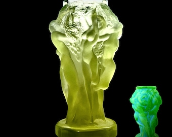 Small Grape Harvest (Uranium Glass) Vase 1930s | Bohemian Vaseline Art Deco Women Relief by Pazourek for Heinrich Hoffmann | Glows Under UV