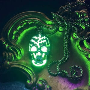 Glowing Skull Necklace | Fluorescent Skeleton Pendant | Glows In The Dark | Green Phosphorescent Halloween Luminous Jewelry With Chain