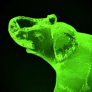 Può includere: Una statuetta di elefante in vetro verde neon, su sfondo nero. L'elefante è raffigurato con la proboscide sollevata, mettendo in risalto gli intricati dettagli della lavorazione del vetro. Il colore verde brillante conferisce alla statuetta un aspetto sorprendente.
