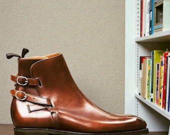 Botines Jodhpur de piel marrón patinada hechos a mano, botas de vestir con hebilla y correa para hombre