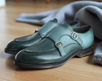 Handmade Green Leather Double Monk Shoes, Handstitched Dress Shoes