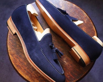 Handmade Blue Suede Tassel Loafers, Men's Leather Dress Shoes