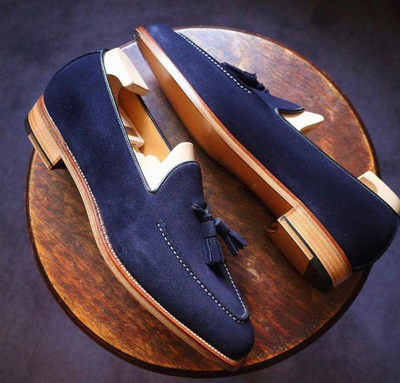 Handmade Blue Suede Tassel Loafers, Men's Leather Dress Shoes