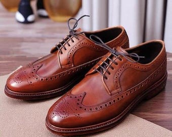 Zapatos Oxford brogue de cuero marrón hechos a mano para hombre, zapatos Goodyear Welted cosidos a mano para hombre