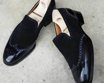 Handmade Black Leather Moccasins, Men's Dress Shoes