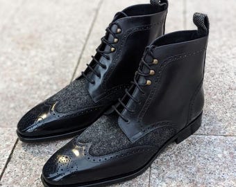 Botines de piel bicolor negros hechos a mano, botas de vestir para hombre