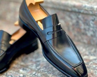 Men's Handmade Leather Moccasins, Handstitched Dress Shoes