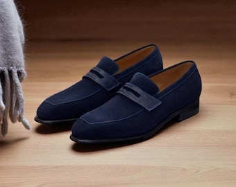 Men Handmade Blue Suede Leather Loafer shoe, Men Handstitched Slip ON's shoe