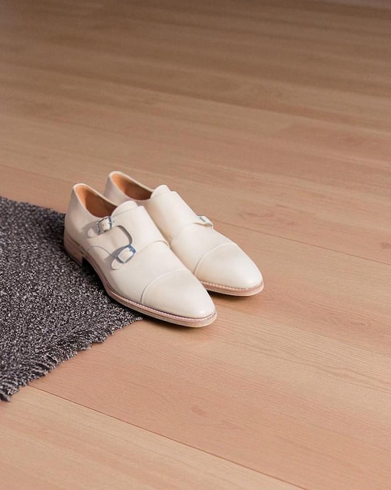 Handmade Cream Leather Double Monk Shoes, Handstitched Goodyear Welted