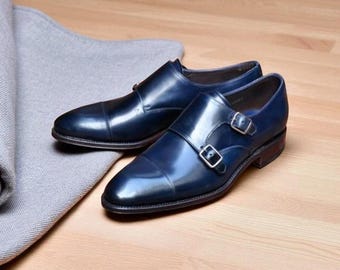Handmade Blue Leather Double Monk Strap Dress Shoes