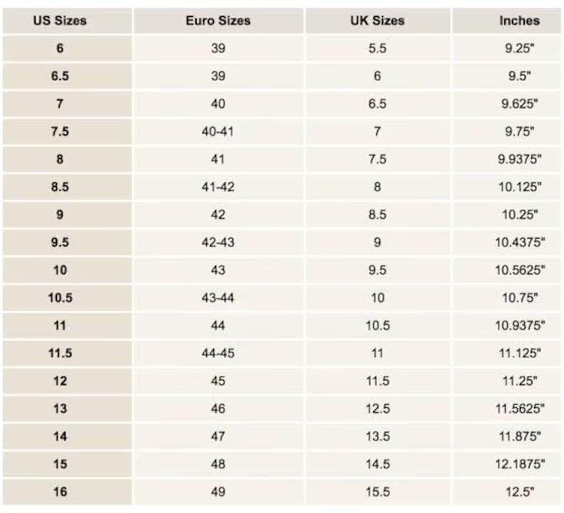 May include: A shoe size conversion chart showing US, Euro, and UK sizes, and inches. The chart begins with US size 6, Euro size 39, UK size 5.5, and 9.25 inches. The chart continues to size 16, with 12.5 inches.