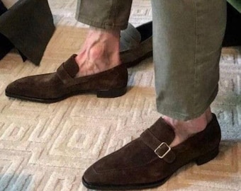 Handmade Brown Suede Leather Loafers, Men's Dress Shoes