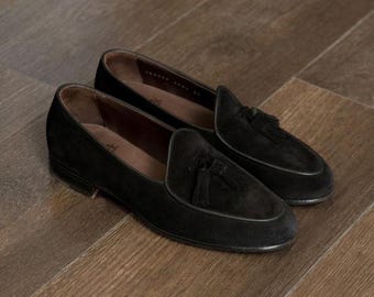 Handmade Black Suede Leather Tassel Loafers, Men's Dress Shoes