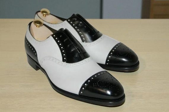 Men Handmade Two Tone White & Black  Leather Oxford Brogue wingtip shoe, Men Handstitched Goodyear Welted shoe