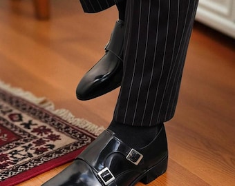 Handmade Black Leather Double Monk Shoes, Men's Dress Shoes