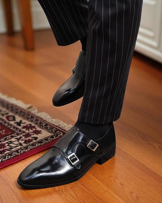 Handmade Black Leather Double Monk Shoes, Men's Dress Shoes