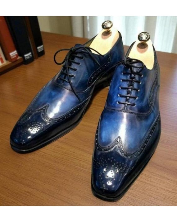 Men Handmade Blue Patina Leather Oxford brogue shoe, Men Handstitched Goodyear Welted shoe