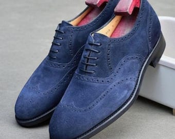 Handmade Blue Suede Leather Oxford Brogue Shoes, Handstitched Dress Shoes