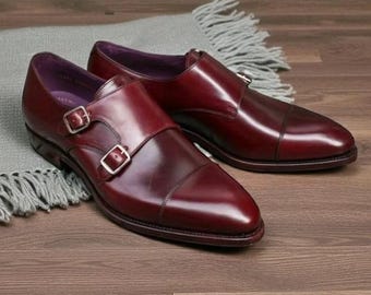 Handgefertigte weinrote Doppel Monk Lederschuhe, handgenähte Abendschuhe