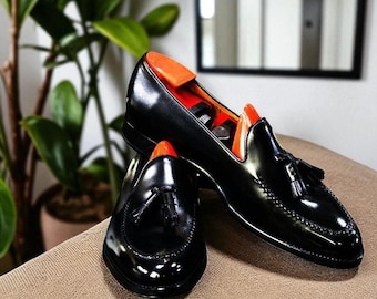 Handmade Black Leather Tassel Loafers, Goodyear Welted Dress Shoes
