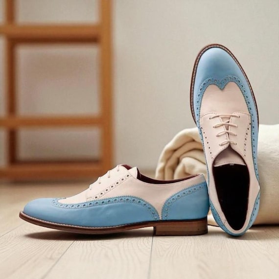 Men Handmade Two Tone Cream & Blue Leather Oxford brogue shoe, Men Handstitched Goodyear Welted shoe Men Handmade Two Tone Cream & Blue Leather Oxford brogue shoe, Men Handstitched Goodyear Welted shoe