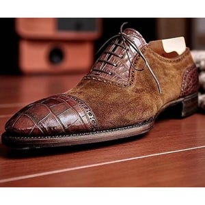 Handmade Brown Suede and Leather Wingtip Oxford Shoes, Goodyear Welted