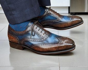 Zapatos Oxford brogue de cuero bicolor marrón y azul hechos a mano para hombre, zapatos Goodyear Welted cosidos a mano para hombre.