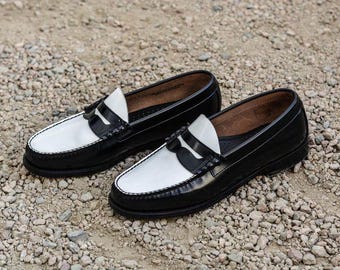 Mocasines Penny de piel bicolor hechos a mano, sin cordones y cosidos a mano