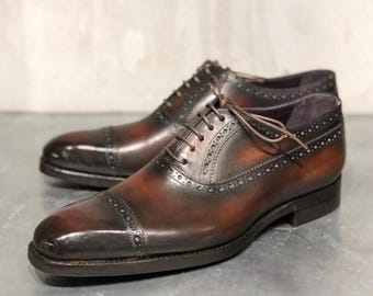 Handmade Brown Patina Leather Oxford Brogue Shoes, Goodyear Welted