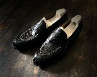Handmade Black Leather Moccasins, Men's Dress Shoes