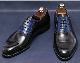 Handmade Two Tone Leather Oxford Brogue Shoes, Goodyear Welted