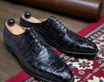 Scarpe brogue Oxford fatte a mano in pelle stampa coccodrillo, lavorazione Goodyear