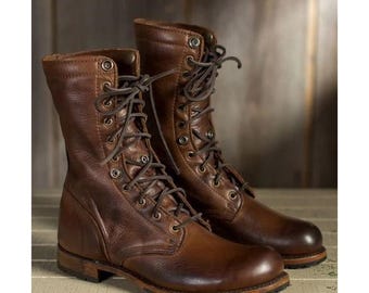 Handmade Leather Military Boots, Tan Brown Ankle Boots