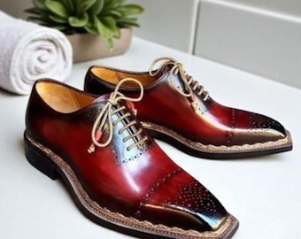 Men's Handmade Marron Patina Leather Oxford Brogue Shoes