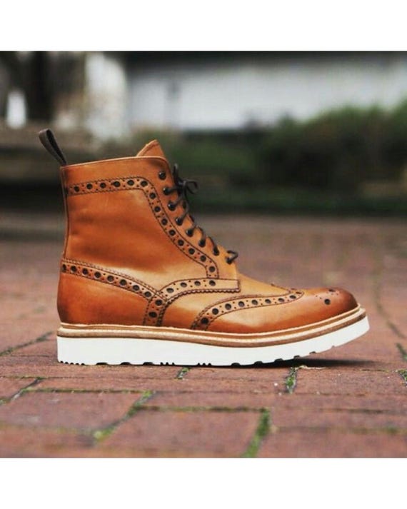 Handmade Tan Leather Ankle Boot, Vibram Sole, Dress Boot