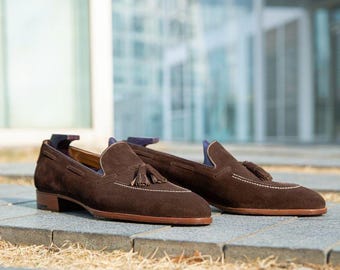 Men's Handmade Brown Suede Leather Tassel Loafers