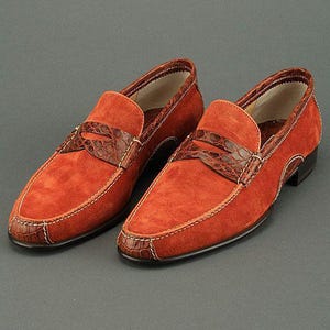 Men's Handmade Orange Suede Penny Loafers, Brown Leather Accents