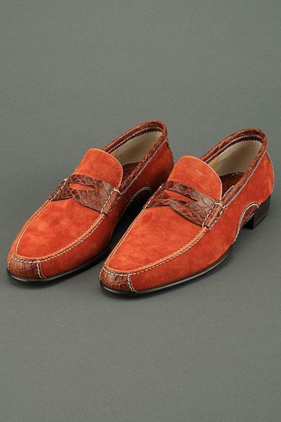 Men's Handmade Orange Suede Penny Loafers, Brown Leather Accents