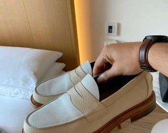 Mocasines Penny de piel bicolor hechos a mano, zapatos sin cordones para hombre